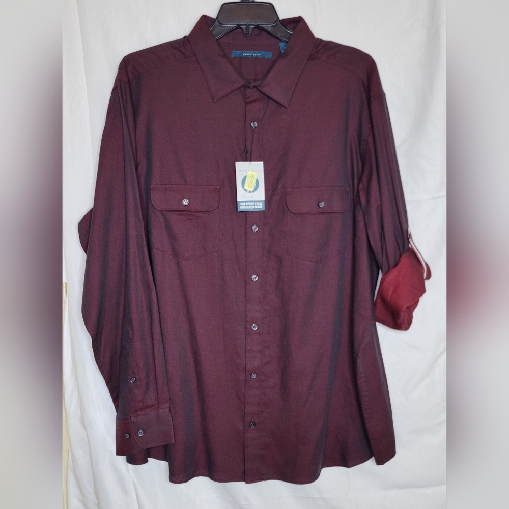 Perry Ellis Untucked Burgundy Long Sleeve Shirt ~‎ Big & Tall
